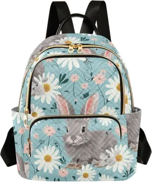 ODAWA Cute Rabbits with Daisy in Blue Small Quilted Backpack for Women Ladies Backpack Purse Travel Backpack for Women Small