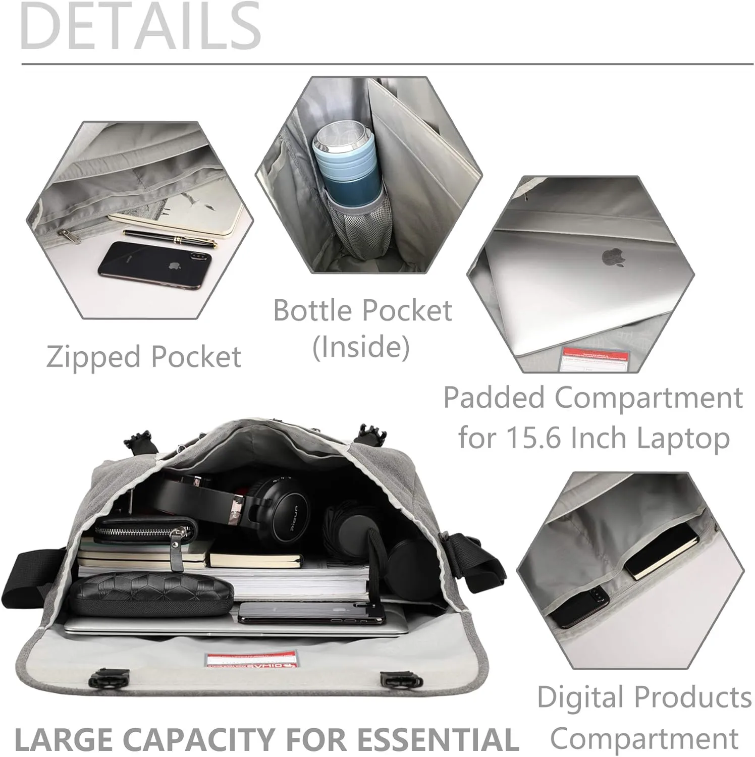 OIWAS Messenger Bag for Men/Women Travel Satchel Bag Canvas Crossbody Bag Small 14 Inch Laptop Shoulder Bags Work Computer Briefcase Grey