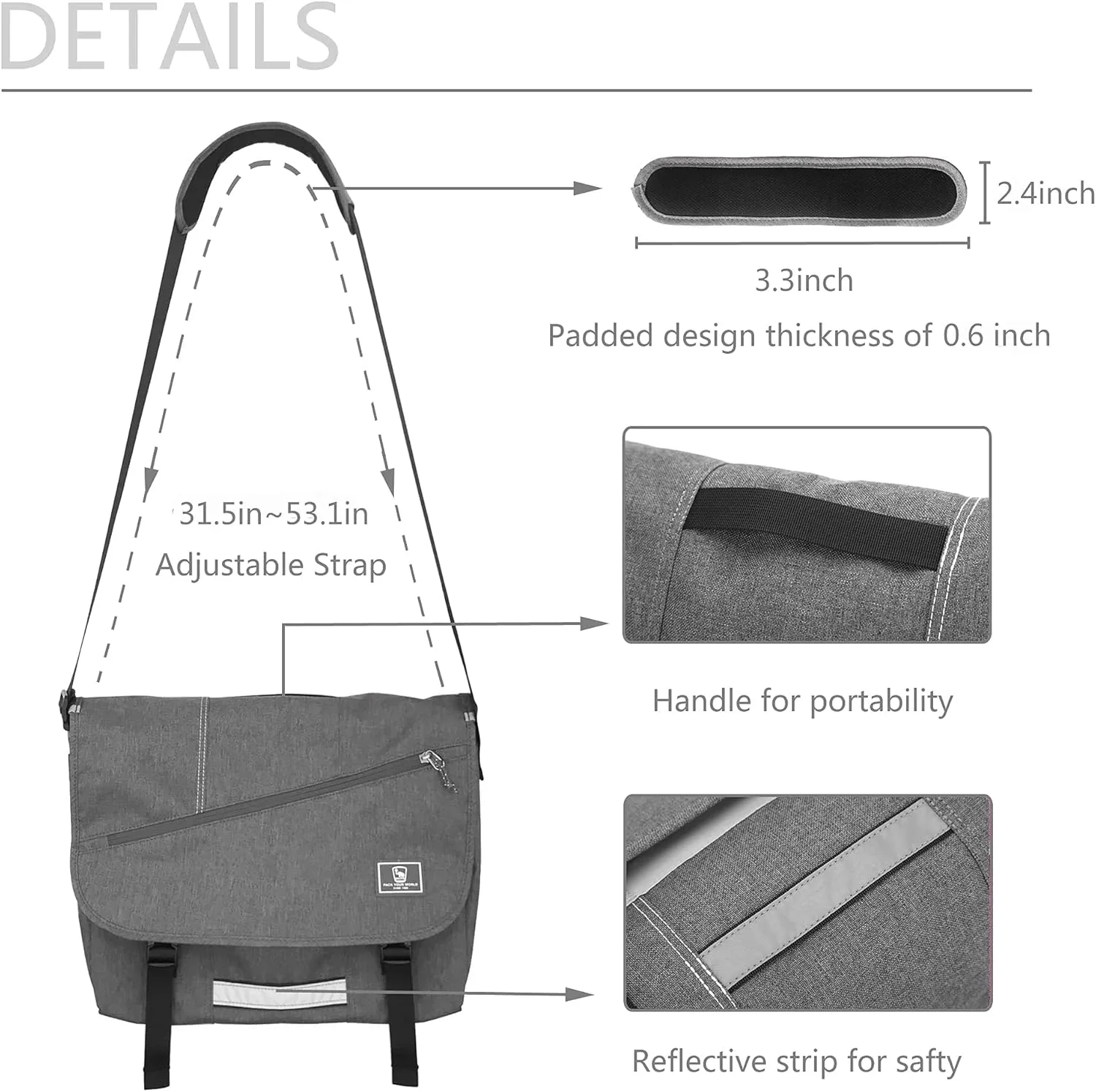 OIWAS Messenger Bag for Men/Women Travel Satchel Bag Canvas Crossbody Bag Small 14 Inch Laptop Shoulder Bags Work Computer Briefcase Grey