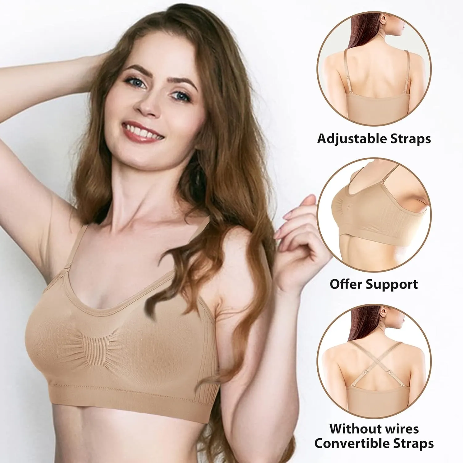 Omisy 4 Pieces V Neck Padded Bralette Cami Bra Wireless Tank Top Sports Bra with Adjustable Straps