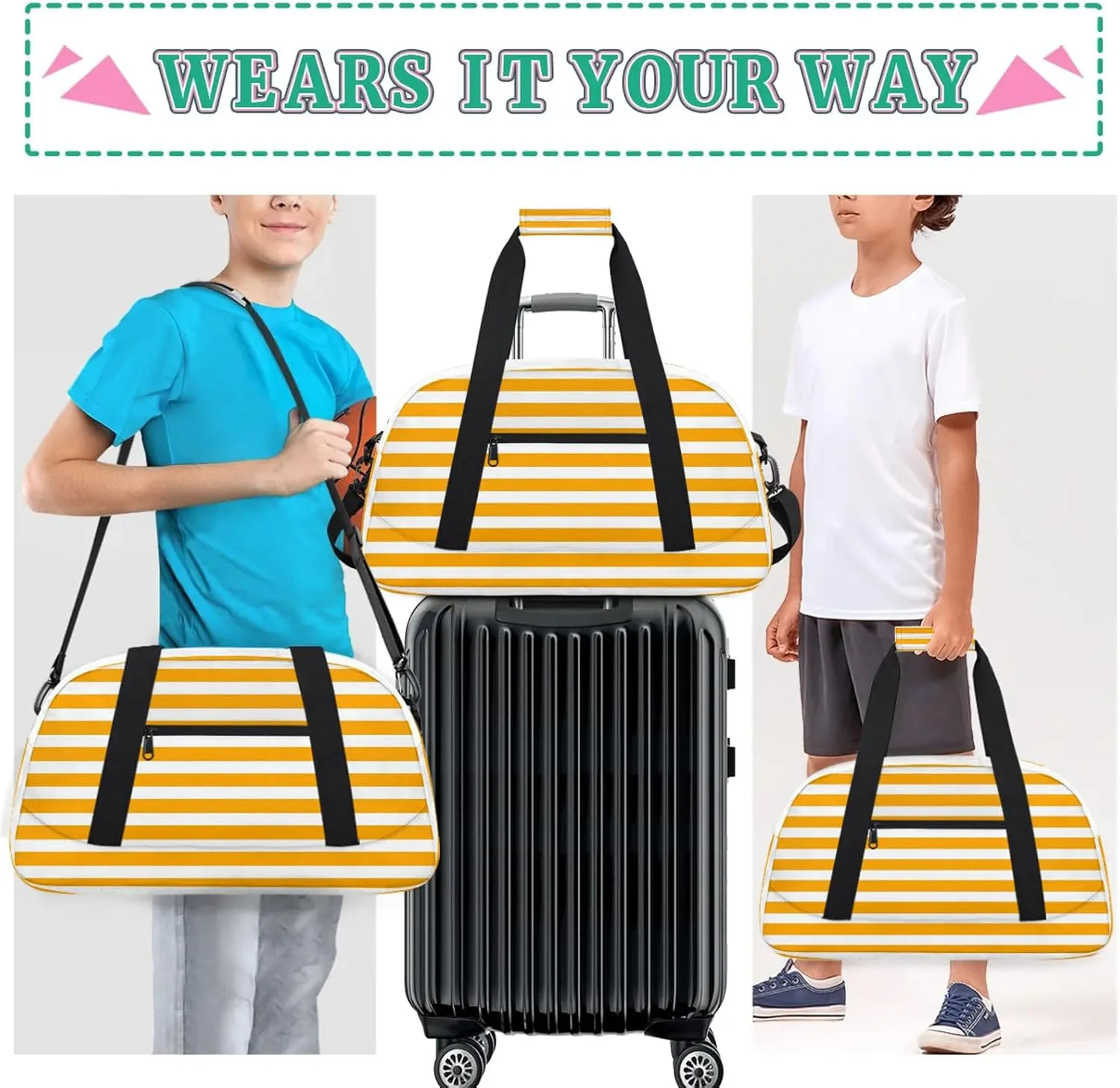 Orange Striped 18 inch Small Gym Bag for Women and Men, Lightweight Carry On Weekender Bag Mini Duffel Bag for Travel Sports Workout