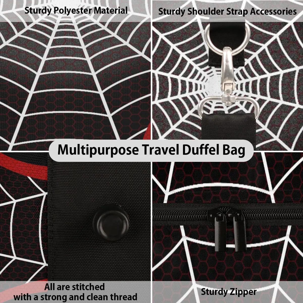 Overnighter Duffel Bags for Boys Men, Waterproof Carry-On Size Black Spider Web Sports Gym Bag for Teens Overnight Travel Weekender Sleepover Tote Bag