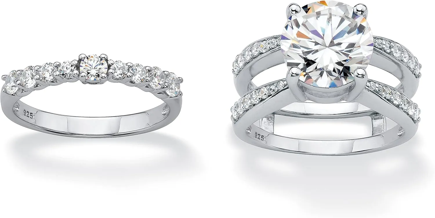 PalmBeach Platinum-plated Sterling Silver Round Cubic Zirconia Jacket Bridal Ring Set Sizes 6-10