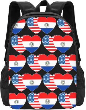 Paraguay America Flag Twin Heart for Paraguayan Americans Casual Backpacks Large Capacity Backpack Laptop Rucksack Sport Daypack Commuter Bags with Adjustable Strap for Traveling Camping