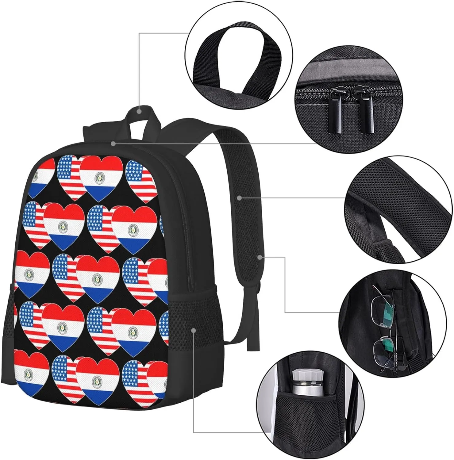 Paraguay America Flag Twin Heart for Paraguayan Americans Casual Backpacks Large Capacity Backpack Laptop Rucksack Sport Daypack Commuter Bags with Adjustable Strap for Traveling Camping