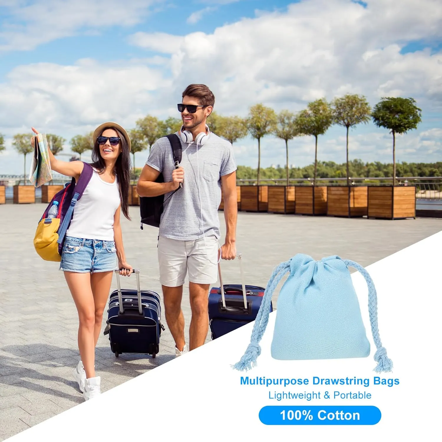 PATIKIL 100% Cotton Reusable Drawstring Bags, 3x4 Inch 12 Pack Multipurpose Washable Cotton Dust Bags, Luggage Organizer, Travel Essentials Storage Pouch, Light Blue