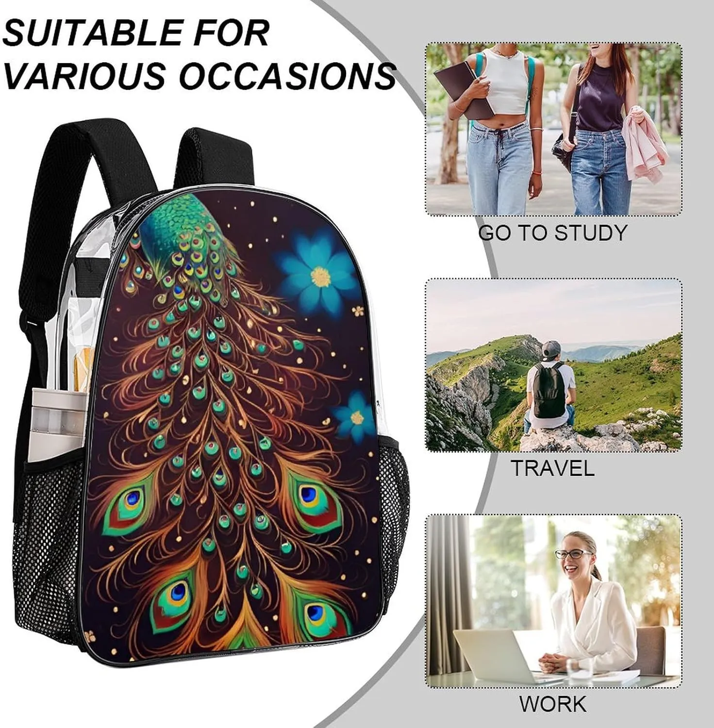 Peacock Animal Oil Painting Rucksacks Lightweight Multipurpose Transparent Shoulder Bag Big Capacity Traveling & Camping Backpack With Side Pockets
