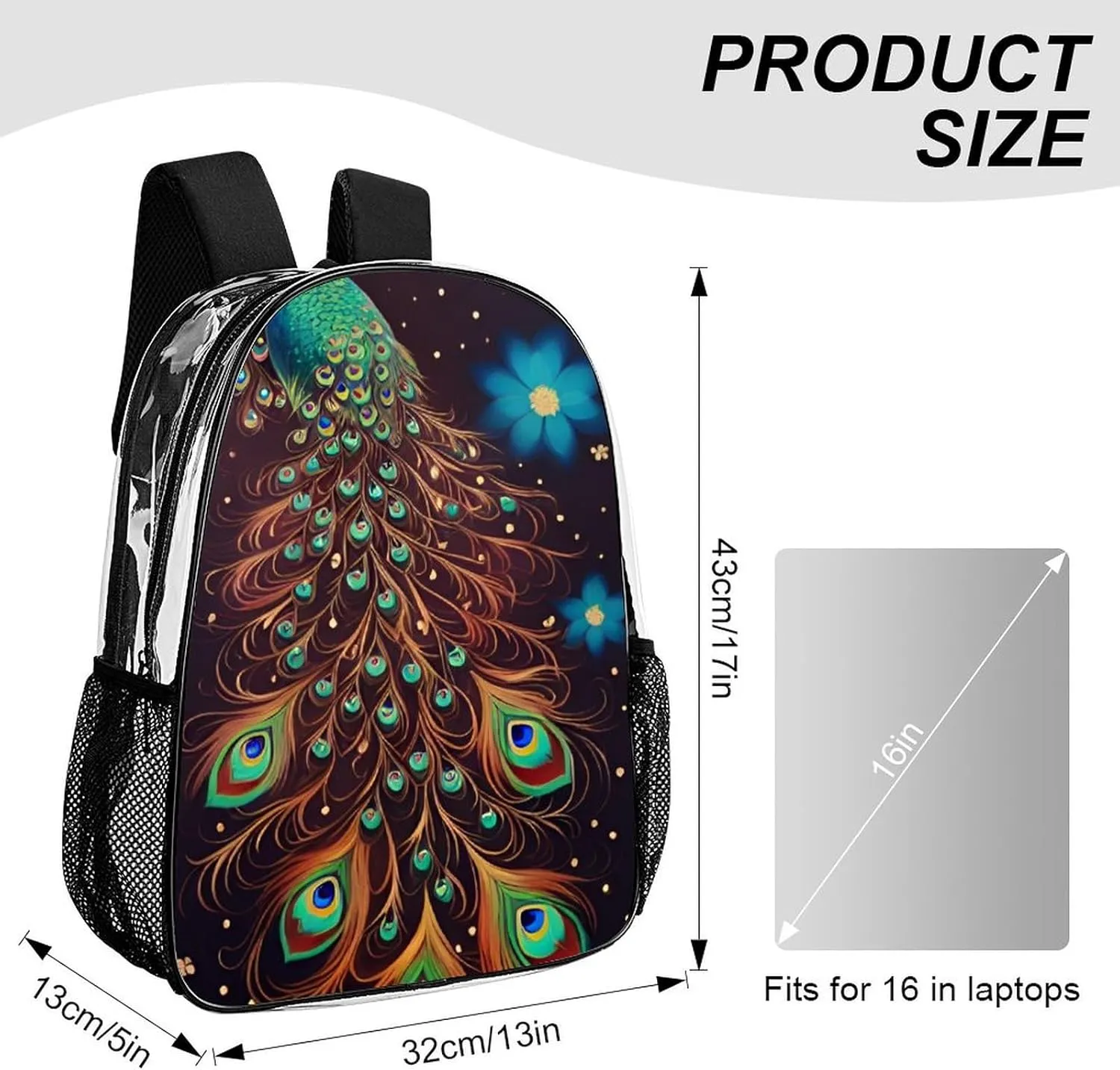 Peacock Animal Oil Painting Rucksacks Lightweight Multipurpose Transparent Shoulder Bag Big Capacity Traveling & Camping Backpack With Side Pockets