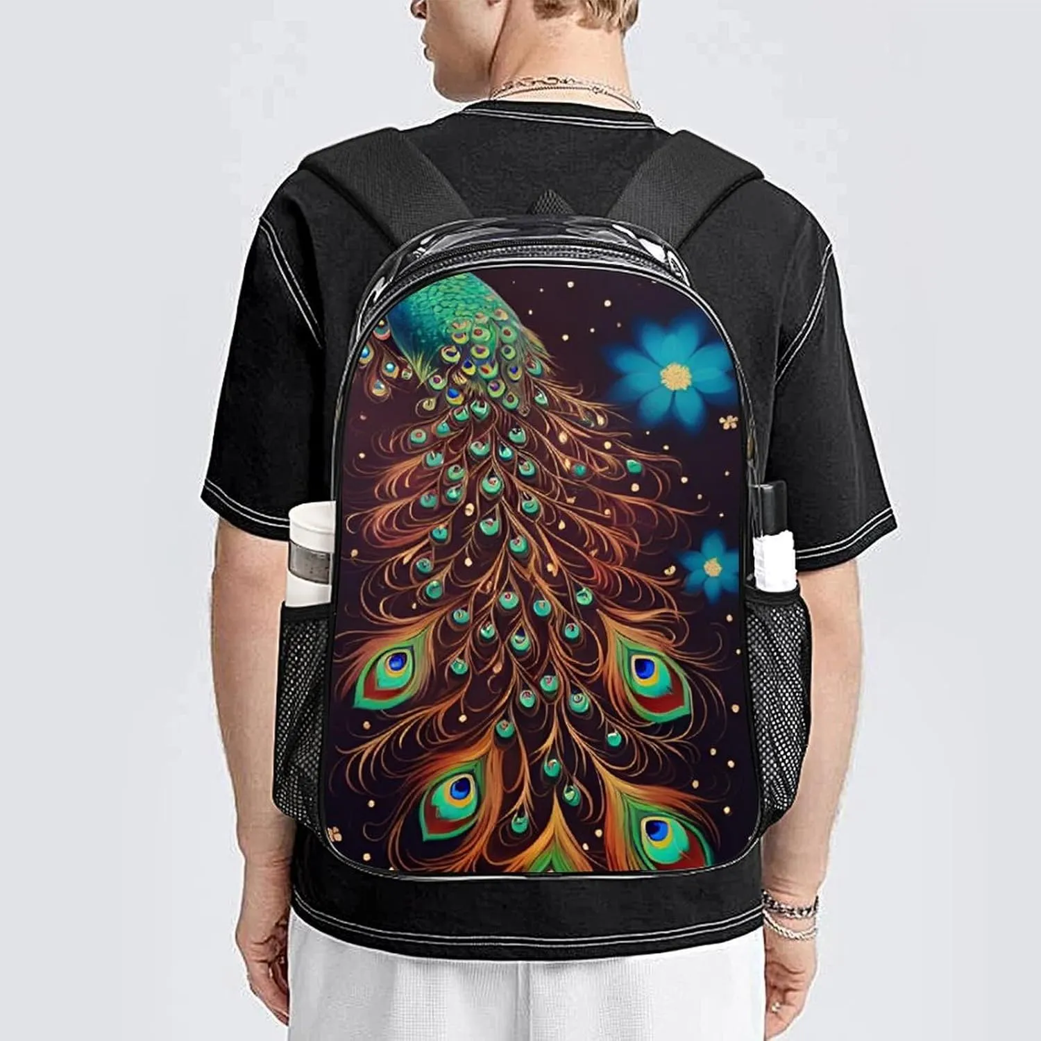 Peacock Animal Oil Painting Rucksacks Lightweight Multipurpose Transparent Shoulder Bag Big Capacity Traveling & Camping Backpack With Side Pockets