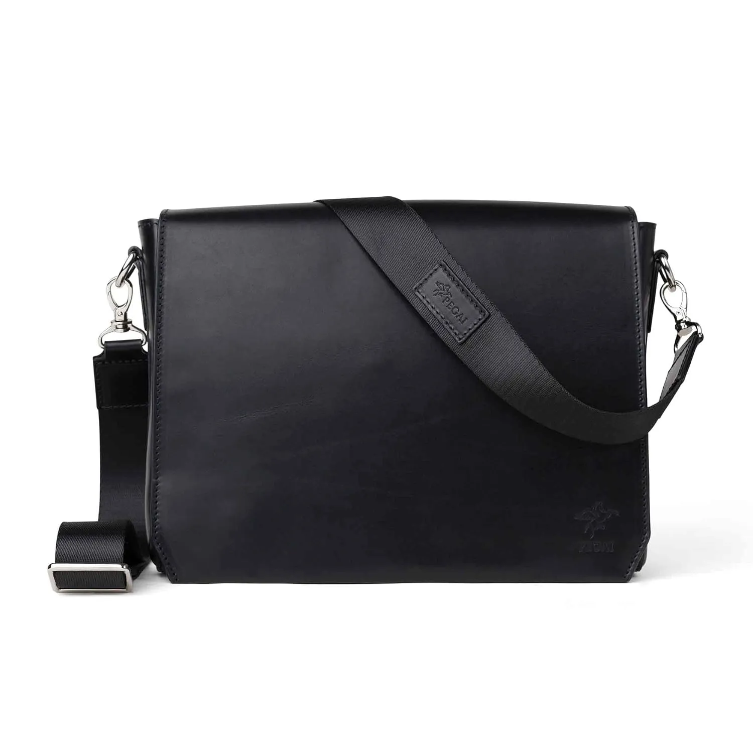 PEGAI Leather Handmade Messenger Bag for Men and Women, 13” Laptop Case with Shoulder Strap, Laptop Bag for Men, School, Work, Office, Adjustable Satchel Bag, Magnetic Closure | Ray (Black)