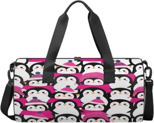 Penguin In Pink Sports Duffel Bag with Shoulder Strap, Large Capacity Gym Bag with Shoe Compartment, Water Resistant Travel Duffle Bag for Men Women Travel, Sports (17.6x9x9 Inch)