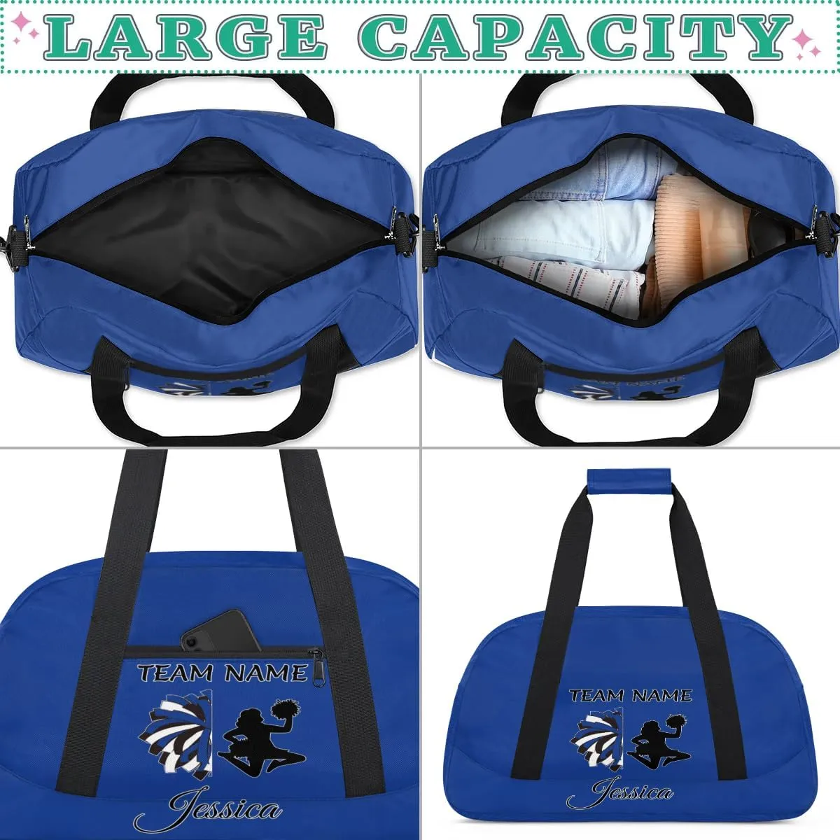 Personalized Cheer Duffle Bag for Cheerleader, Custom Cheerleading Gym Bags, Cobalt Blue Customized Cheer Duffel Bag with Name Overnight Weekender Bags