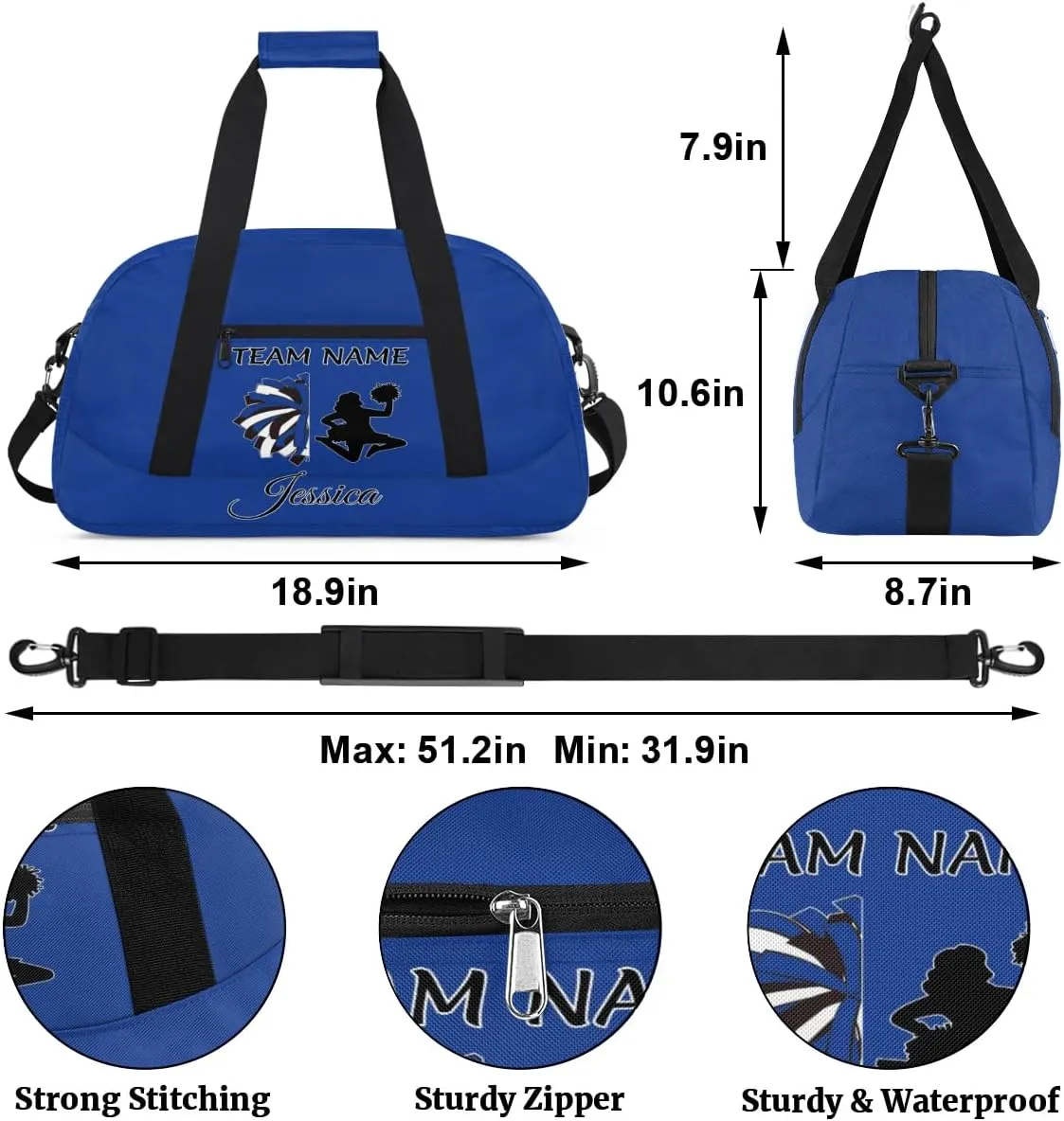 Personalized Cheer Duffle Bag for Cheerleader, Custom Cheerleading Gym Bags, Cobalt Blue Customized Cheer Duffel Bag with Name Overnight Weekender Bags