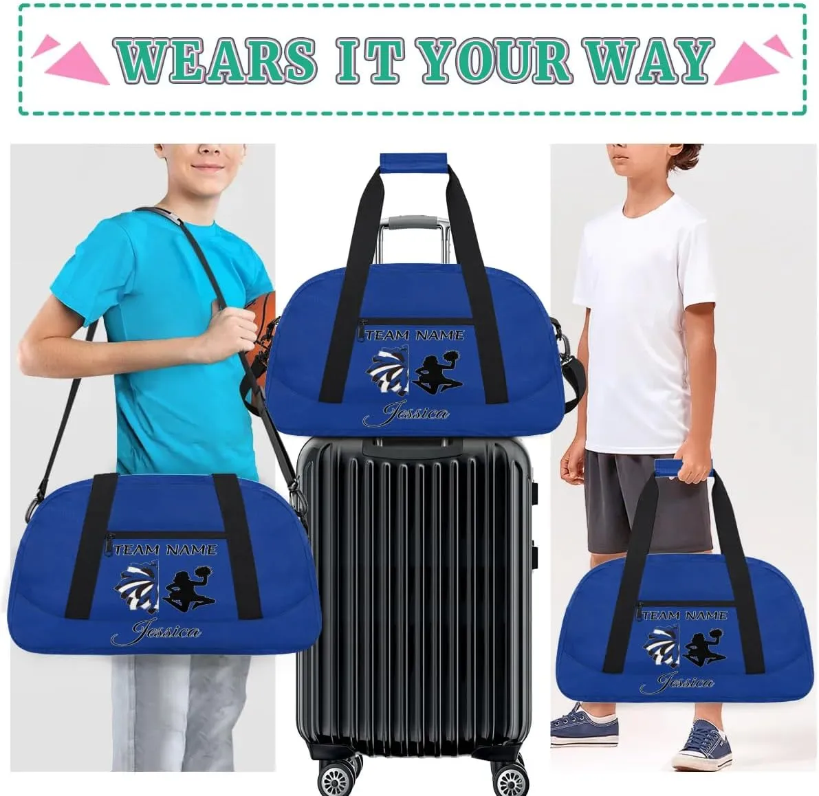 Personalized Cheer Duffle Bag for Cheerleader, Custom Cheerleading Gym Bags, Cobalt Blue Customized Cheer Duffel Bag with Name Overnight Weekender Bags