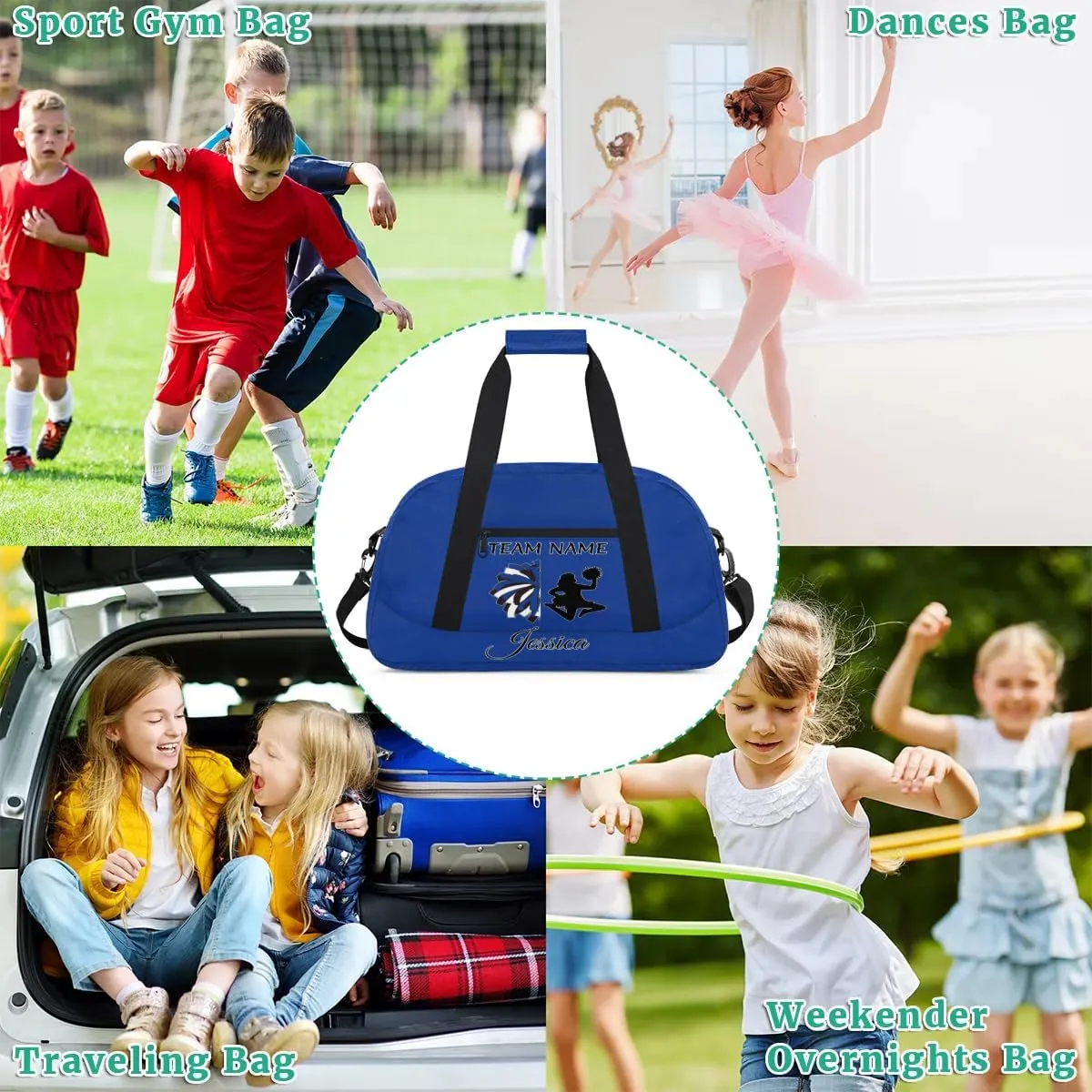 Personalized Cheer Duffle Bag for Cheerleader, Custom Cheerleading Gym Bags, Cobalt Blue Customized Cheer Duffel Bag with Name Overnight Weekender Bags