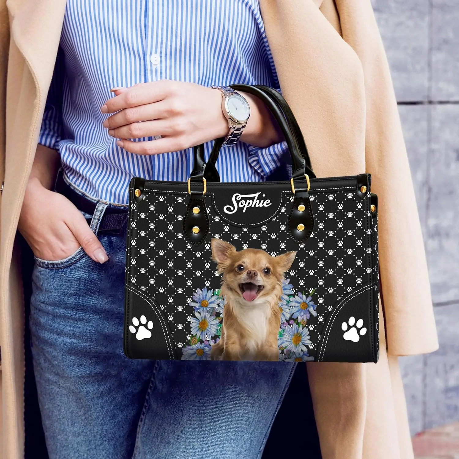 Personalized Chihuahua Dog Handbags, Custom Name Dog Leather Bags, Purses, Shoulder Bag, Gift For Dog Mom Dog Lover