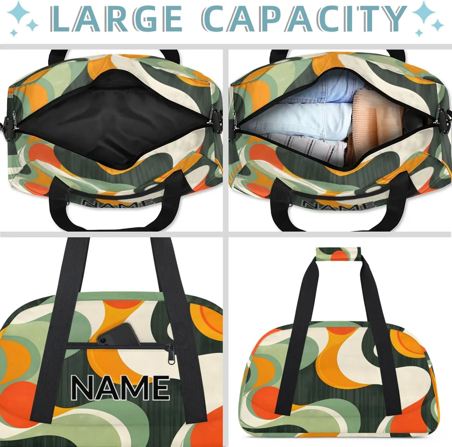 Personalized Custom Retro Waves Gym Bag for Women Men Carry on Travel Duffel Tote Swirl Fluid Vintage Overnight Workout Weekender Bag
