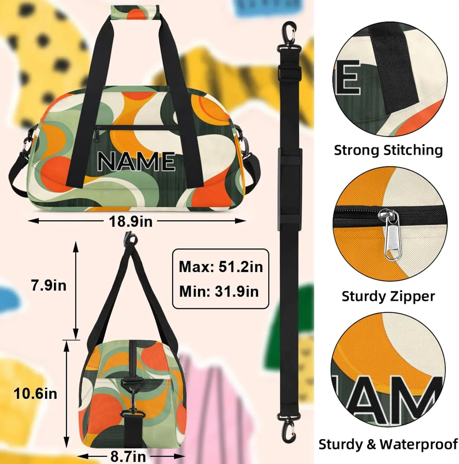 Personalized Custom Retro Waves Gym Bag for Women Men Carry on Travel Duffel Tote Swirl Fluid Vintage Overnight Workout Weekender Bag