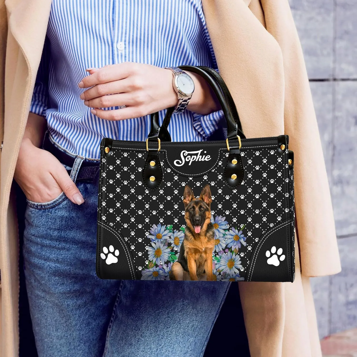 Personalized German Shepherd Dog Handbags, Custom Name Dog Leather Bags, Purses, Shoulder Bag, Gift For Dog Mom Dog Lover