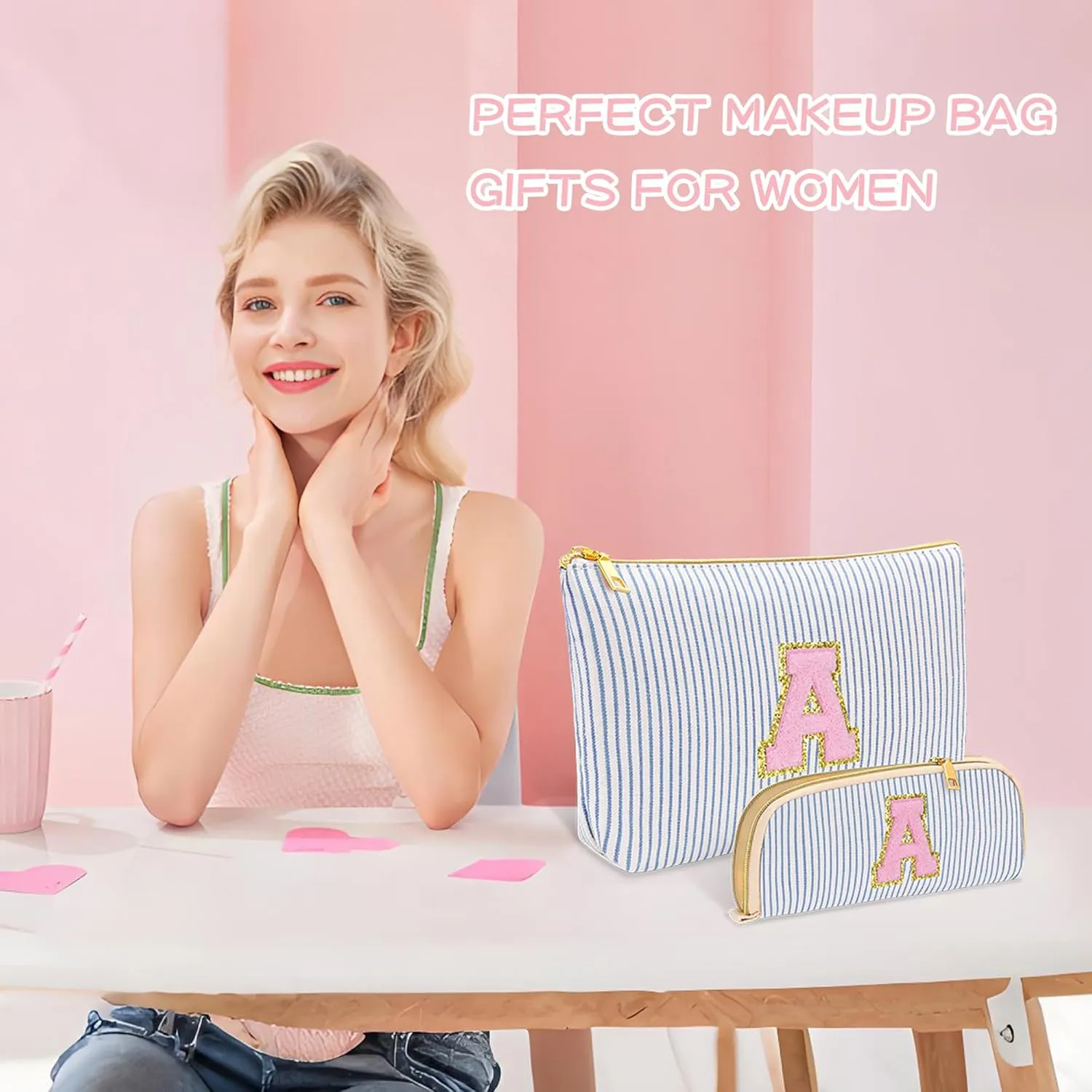 Personalized Initial Cute Pink Cosmetic Bag for Women, Graduation Gifts Makeup Pouch Organizer Bag for Girls 10-14, Travel Toiletry Bag for Her Mom Girlfriend Wife Teacher Birthday Gifts, Blue R