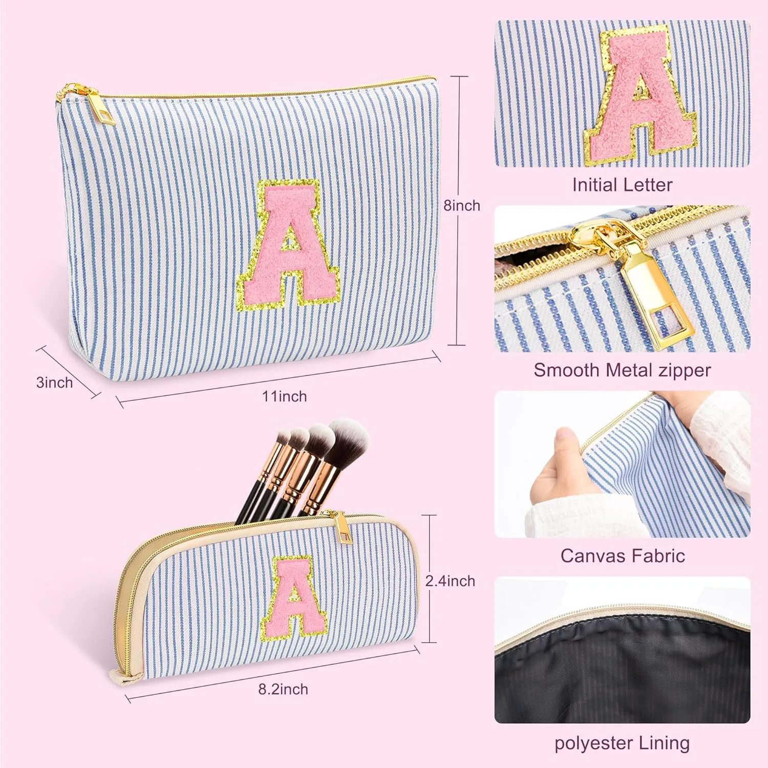 Personalized Initial Cute Pink Cosmetic Bag for Women, Graduation Gifts Makeup Pouch Organizer Bag for Girls 10-14, Travel Toiletry Bag for Her Mom Girlfriend Wife Teacher Birthday Gifts, Blue R