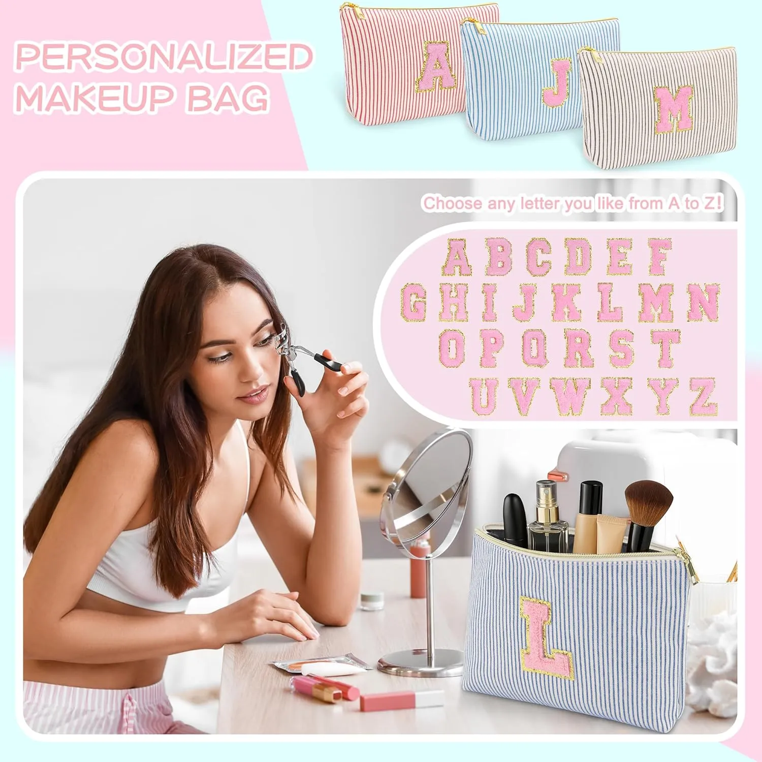 Personalized Initial Cute Pink Cosmetic Bag for Women, Graduation Gifts Makeup Pouch Organizer Bag for Girls 10-14, Travel Toiletry Bag for Her Mom Girlfriend Wife Teacher Birthday Gifts, Blue R