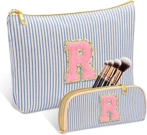 Personalized Initial Cute Pink Cosmetic Bag for Women, Graduation Gifts Makeup Pouch Organizer Bag for Girls 10-14, Travel Toiletry Bag for Her Mom Girlfriend Wife Teacher Birthday Gifts, Blue R