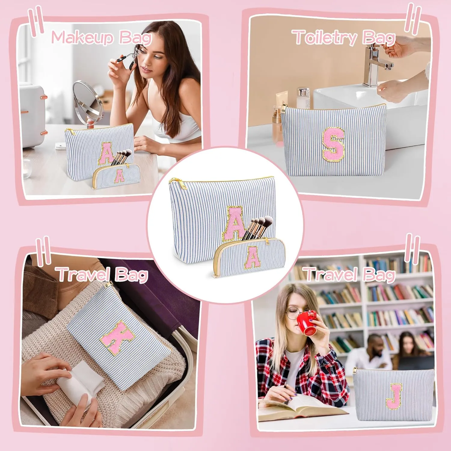 Personalized Initial Cute Pink Cosmetic Bag for Women, Graduation Gifts Makeup Pouch Organizer Bag for Girls 10-14, Travel Toiletry Bag for Her Mom Girlfriend Wife Teacher Birthday Gifts, Blue R