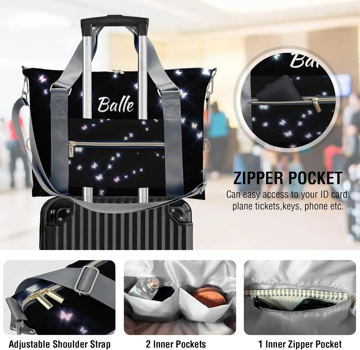 Personalized Initial Travel Duffel Bag,Custom Sports Bag,Birthday Gift Bag,Personalized Weekender Bag,Monogram Overnight Weekender Bags for Women Gift (Butterfly Black)