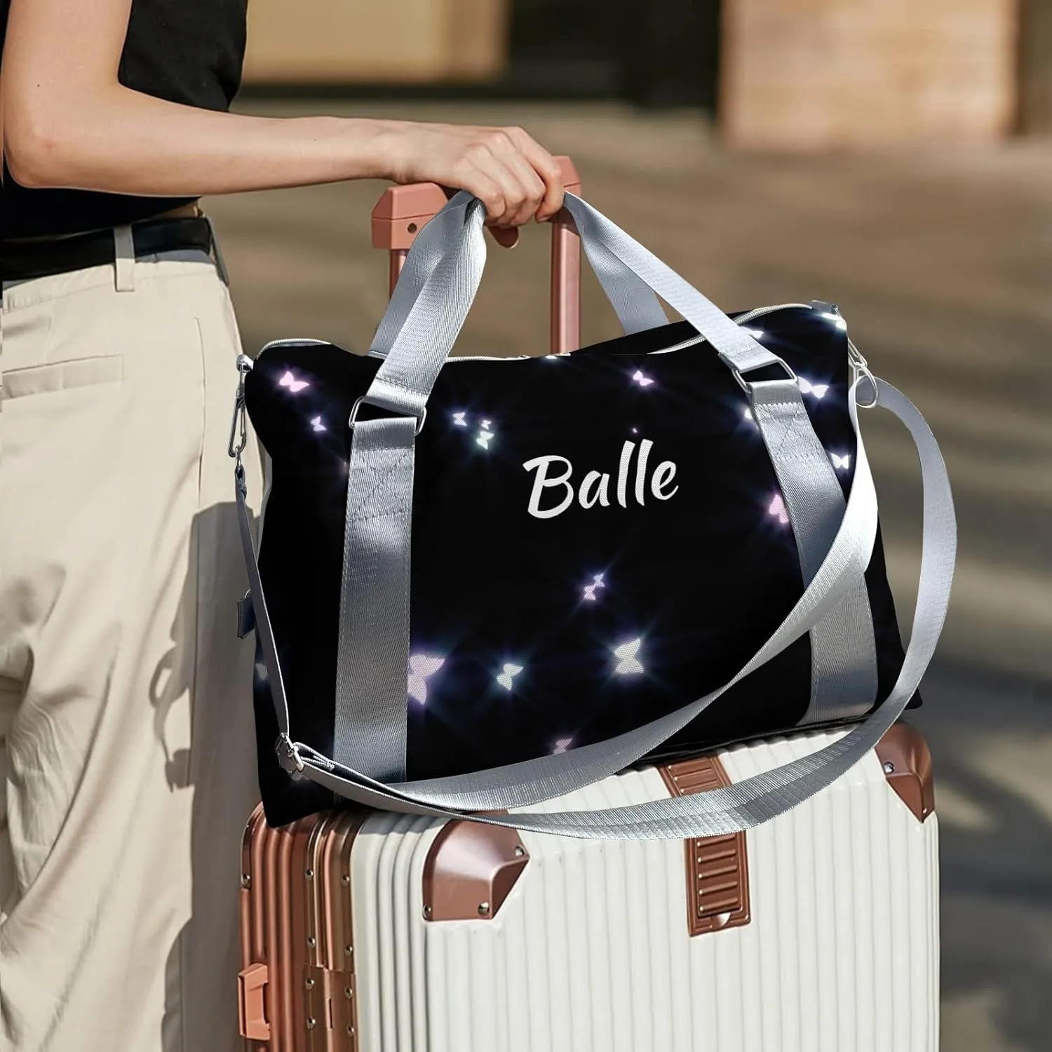 Personalized Initial Travel Duffel Bag,Custom Sports Bag,Birthday Gift Bag,Personalized Weekender Bag,Monogram Overnight Weekender Bags for Women Gift (Butterfly Black)