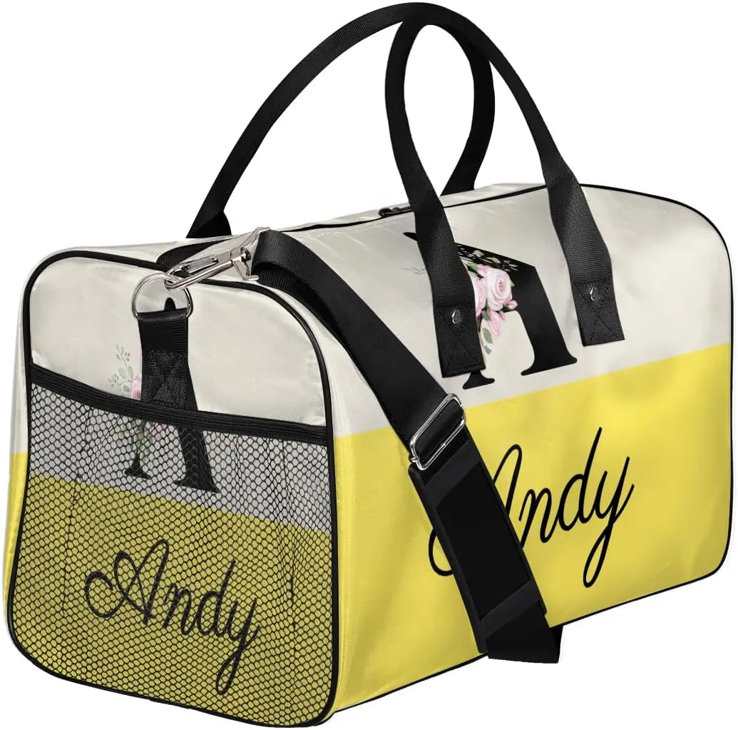 Personalized Monogrammed Duffel Overnight Bag 17.4 inch Custom Name Letter A Floral Initial Gym Sports Bag Carry On Sleepover Bag Travel Weekender Tote Lightweight Shoulder Bag