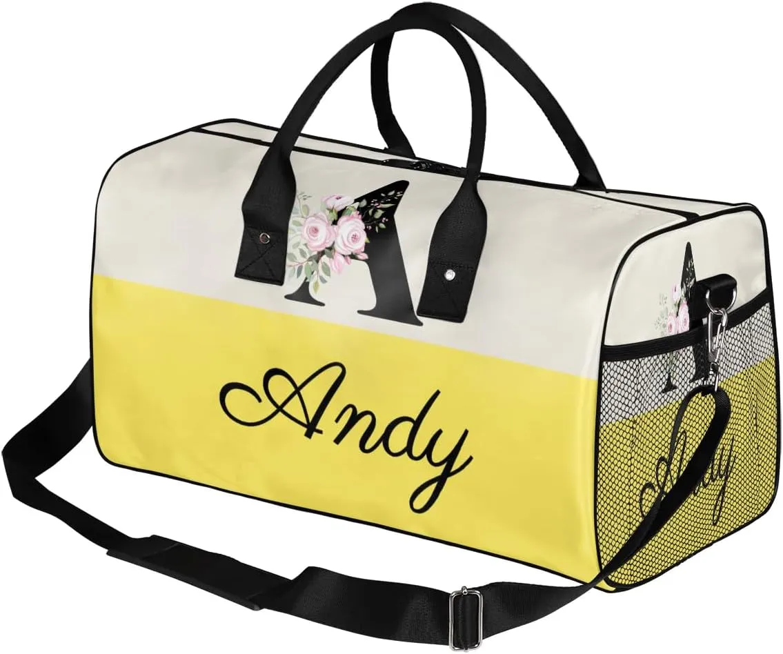 Personalized Monogrammed Duffel Overnight Bag 17.4 inch Custom Name Letter A Floral Initial Gym Sports Bag Carry On Sleepover Bag Travel Weekender Tote Lightweight Shoulder Bag