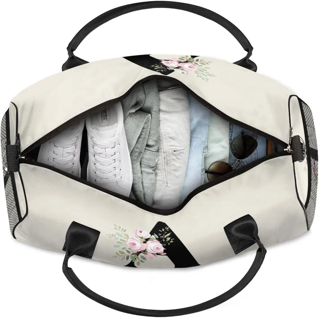 Personalized Monogrammed Duffel Overnight Bag 17.4 inch Custom Name Letter A Floral Initial Gym Sports Bag Carry On Sleepover Bag Travel Weekender Tote Lightweight Shoulder Bag
