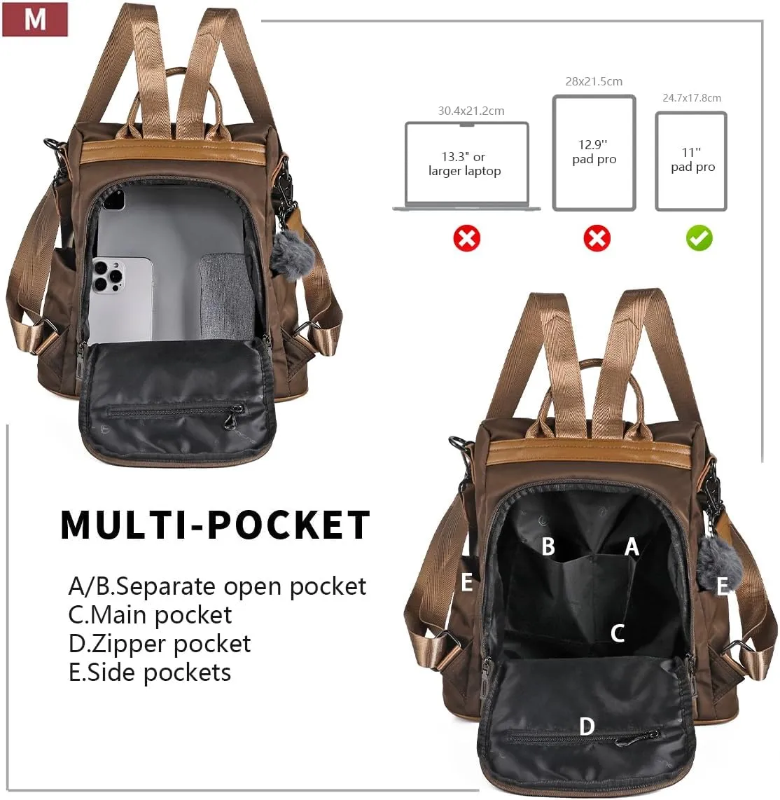 PINCNEL Women Backpack Purse Waterproof Nylon Anti-theft Rucksack Lightweight Shoulder Bag(Brown1)