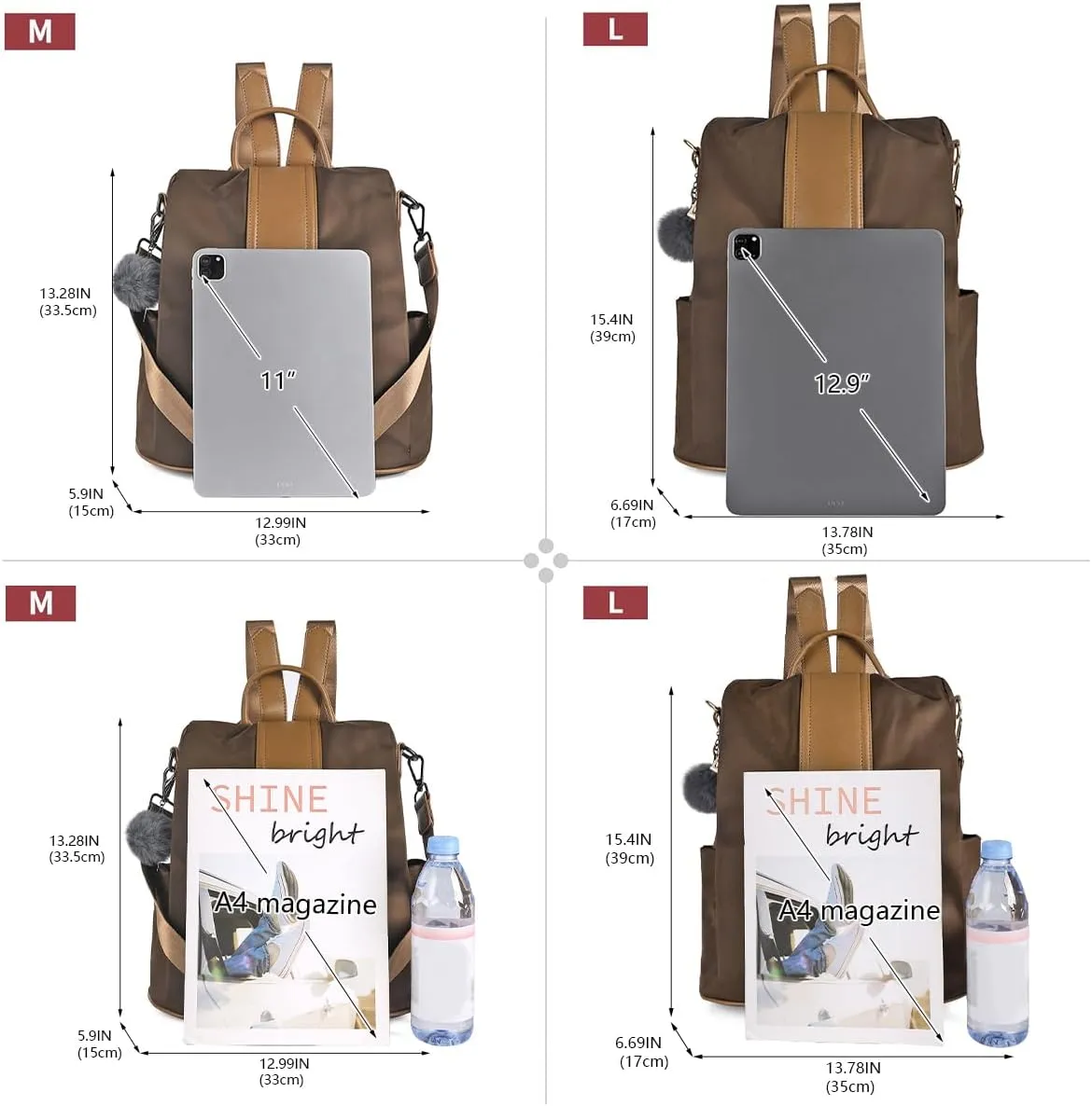 PINCNEL Women Backpack Purse Waterproof Nylon Anti-theft Rucksack Lightweight Shoulder Bag(Brown1)