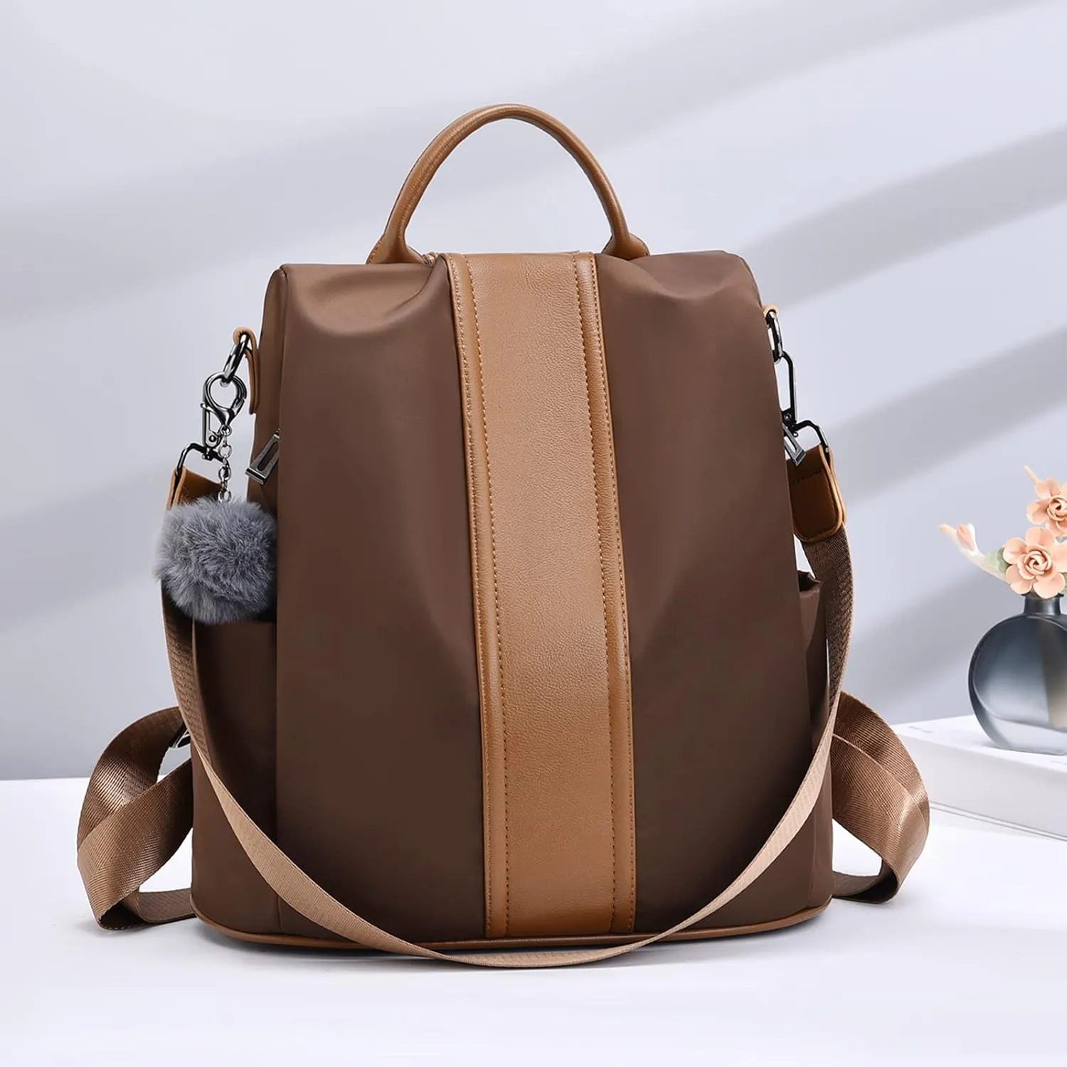 PINCNEL Women Backpack Purse Waterproof Nylon Anti-theft Rucksack Lightweight Shoulder Bag(Brown1)