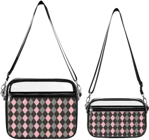 Pink Black Gray Argyle Transparent Cross Bag Two-piece Set, Fashionable Transparent Bag