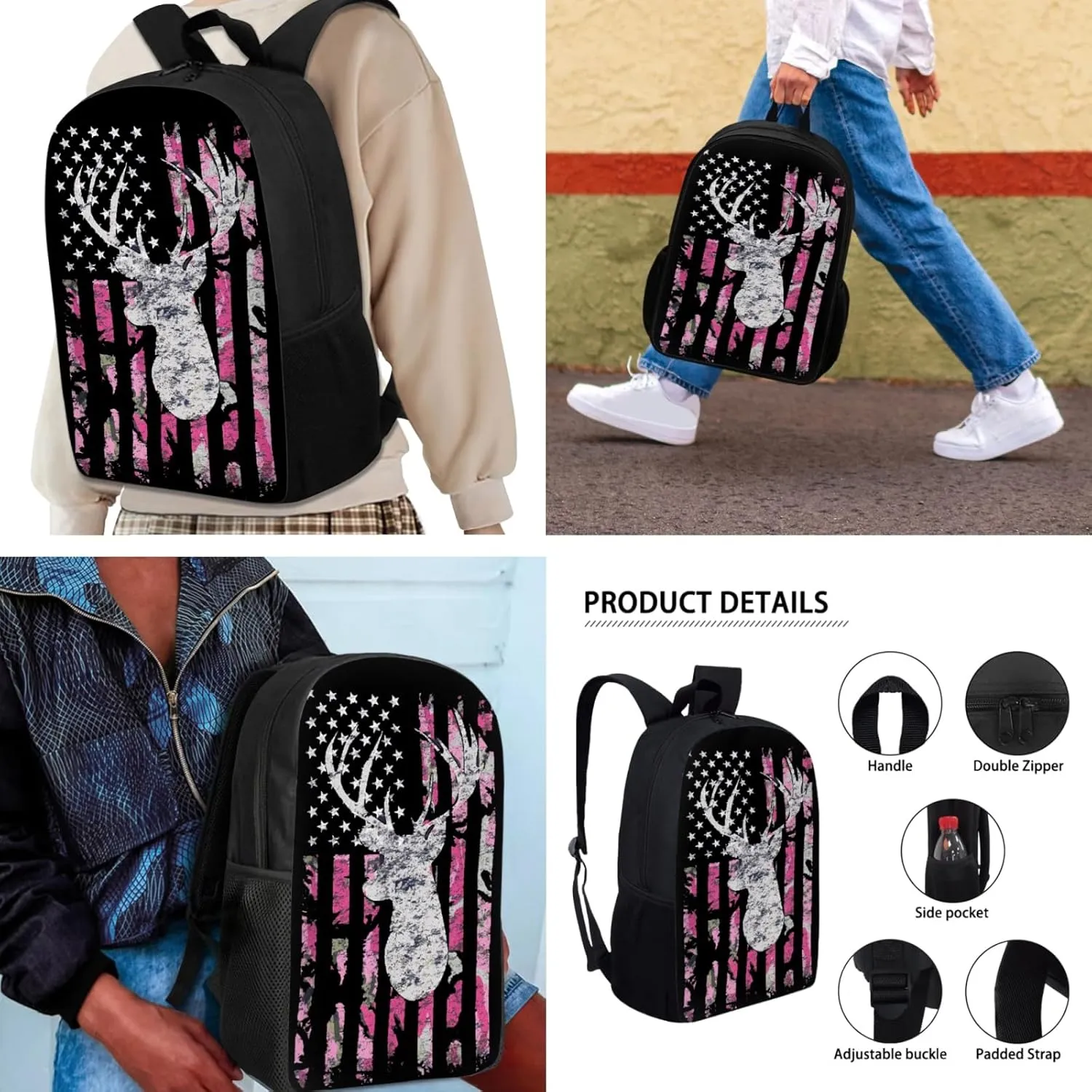 Pink Camo American Flag Deer Backpack Sets, Kids School Bag   Insulted Lunch Bag   Pencel Case for Boys Girls Teens