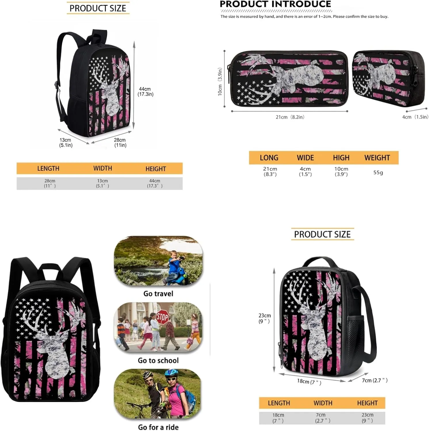 Pink Camo American Flag Deer Backpack Sets, Kids School Bag   Insulted Lunch Bag   Pencel Case for Boys Girls Teens