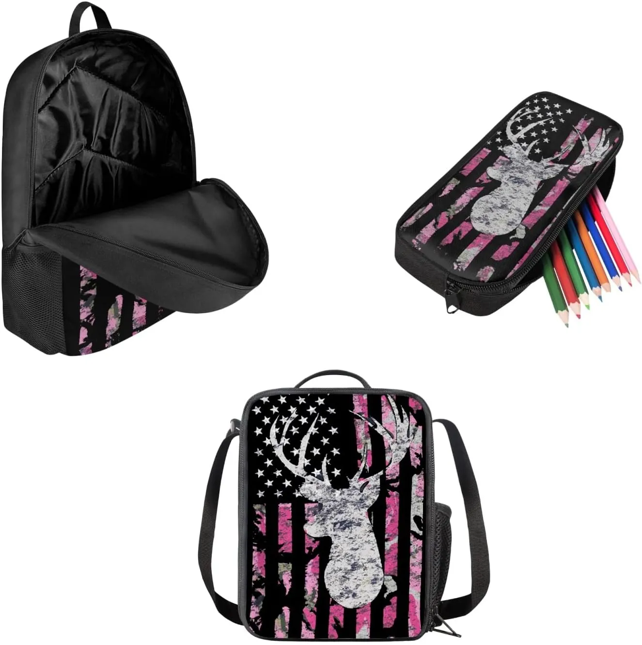 Pink Camo American Flag Deer Backpack Sets, Kids School Bag   Insulted Lunch Bag   Pencel Case for Boys Girls Teens