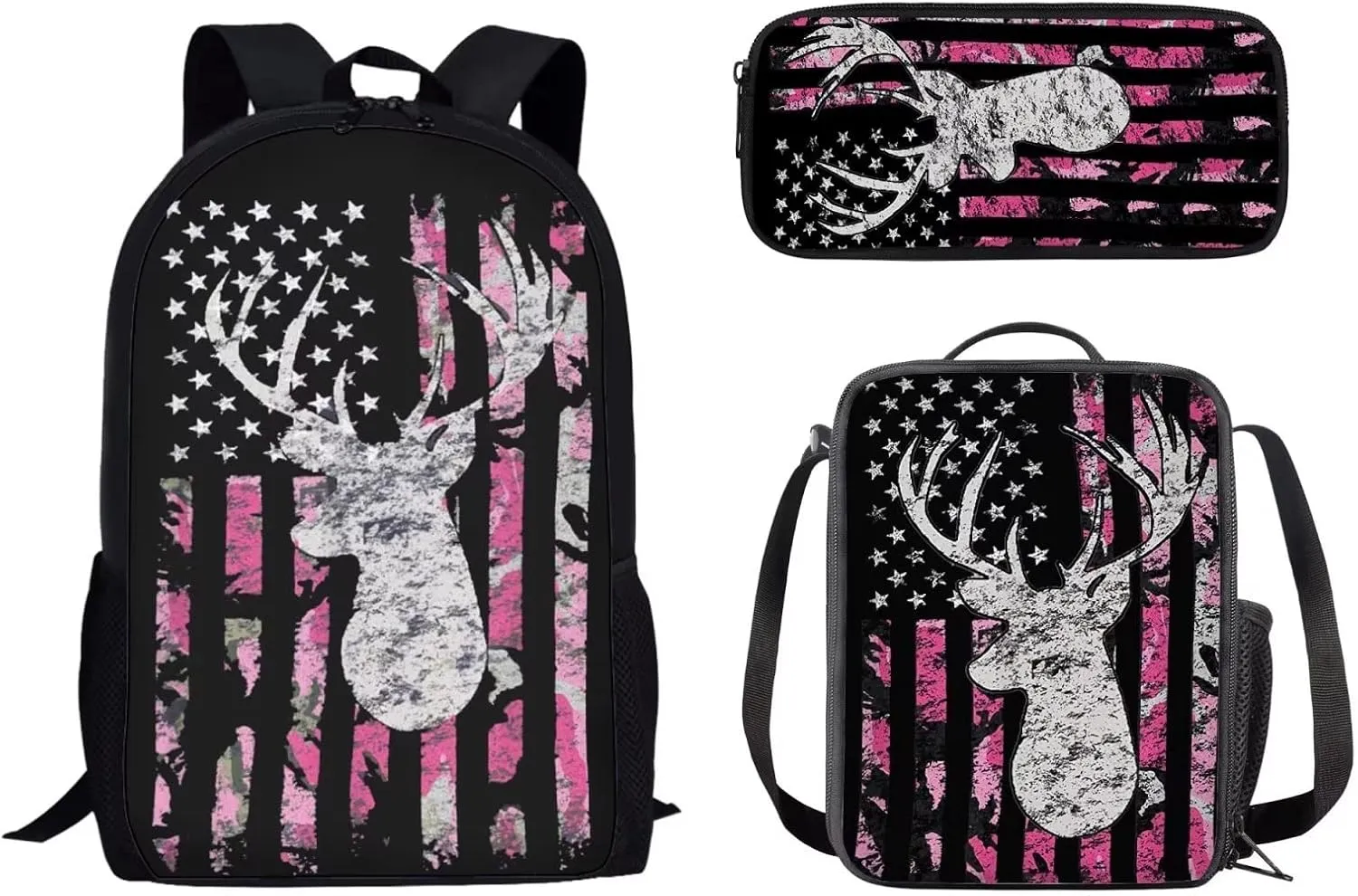 Pink Camo American Flag Deer Backpack Sets, Kids School Bag   Insulted Lunch Bag   Pencel Case for Boys Girls Teens