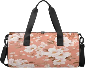 Pink Cherry Blossoms Blue Sports Duffel Bag with Shoulder Strap, Large Capacity Gym Bag with Shoe Compartment, Water Resistant Travel Duffle Bag for Men Women Travel, Sports (17.6x9x9 Inch)