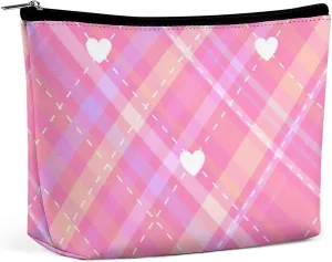 Pink Large Makeup Bag, Pink Striped White Heart Cosmetic Bag,Travel Makeup Bag,Leather Makeup Pouch, Cosmetic Travel tote bags,Portable travel toiletry bag
