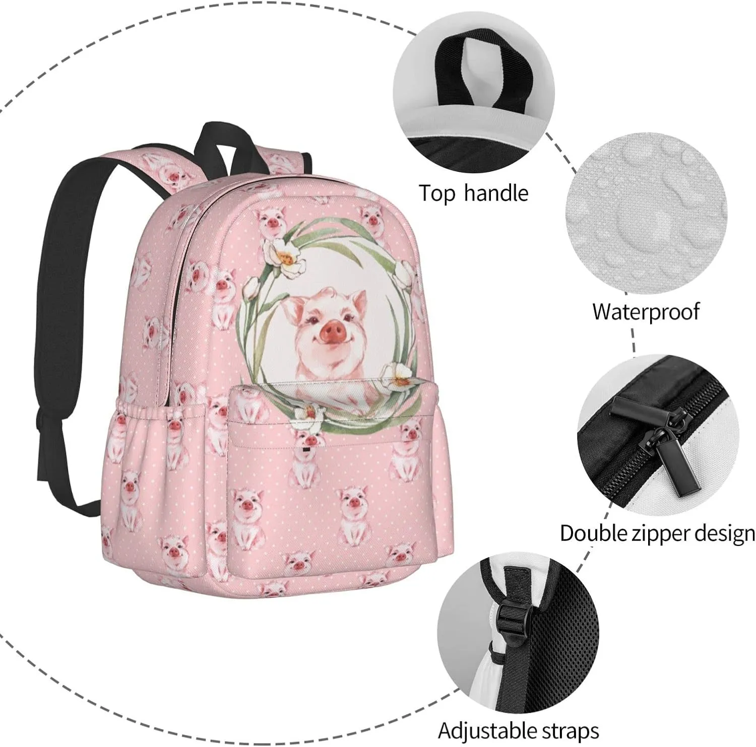 Pink Pig Backpack Adjustable Strap Shoulder Bag Laptop Backpack Casual Daypack School Bag for Student Boy Girl