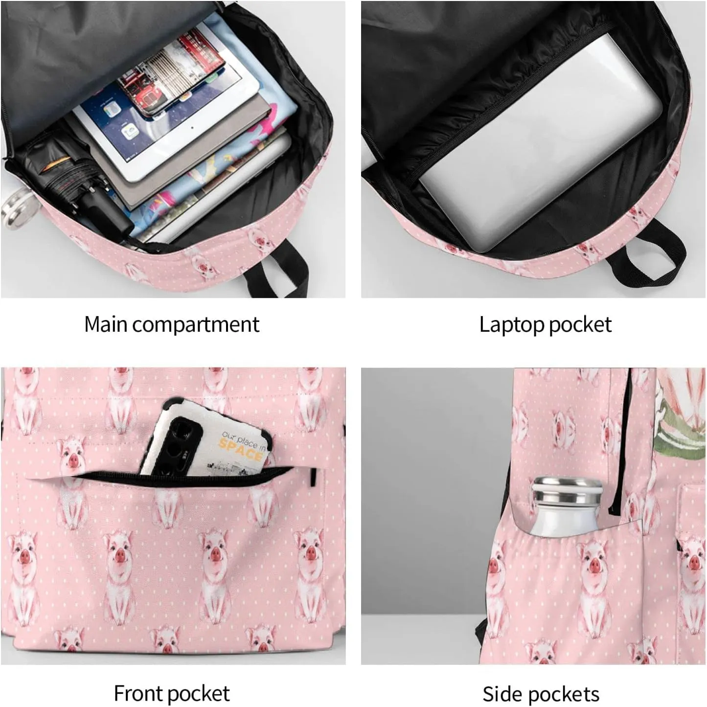 Pink Pig Backpack Adjustable Strap Shoulder Bag Laptop Backpack Casual Daypack School Bag for Student Boy Girl