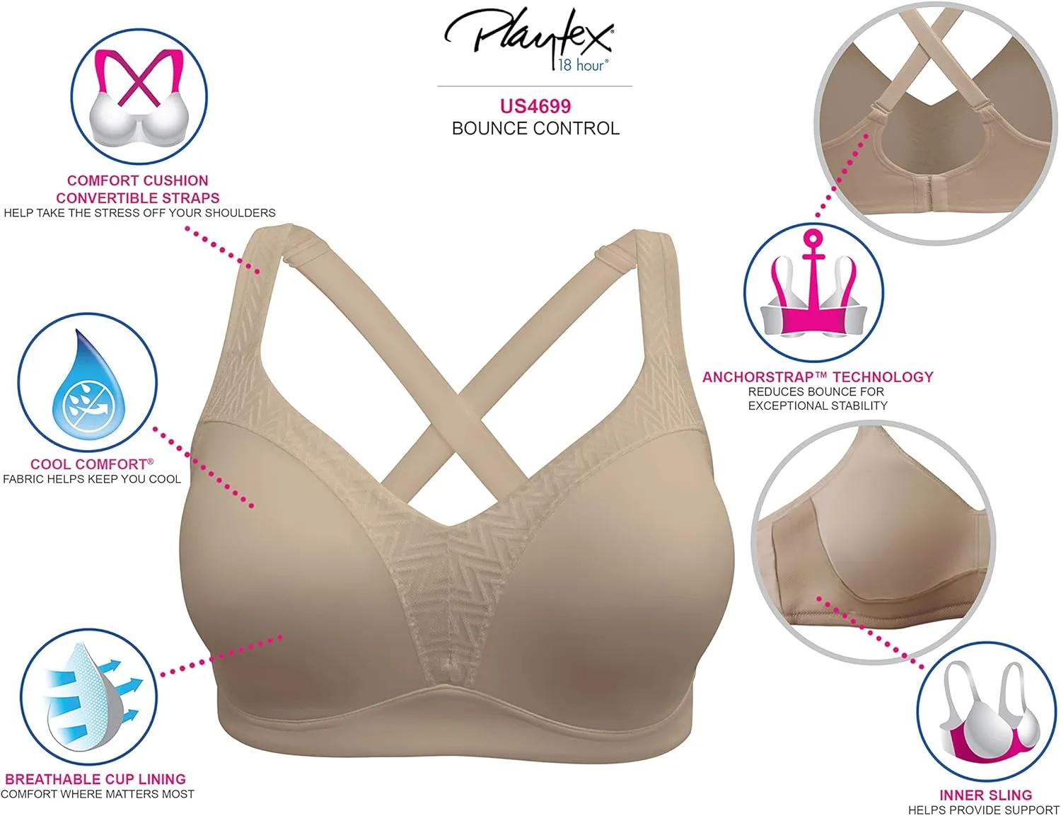 PLAYTEX Women's Wireless Bra with Bounce Control, Full-coverage Convertible Wireless T-Shirt Bra, Full-support Wirefree Bra