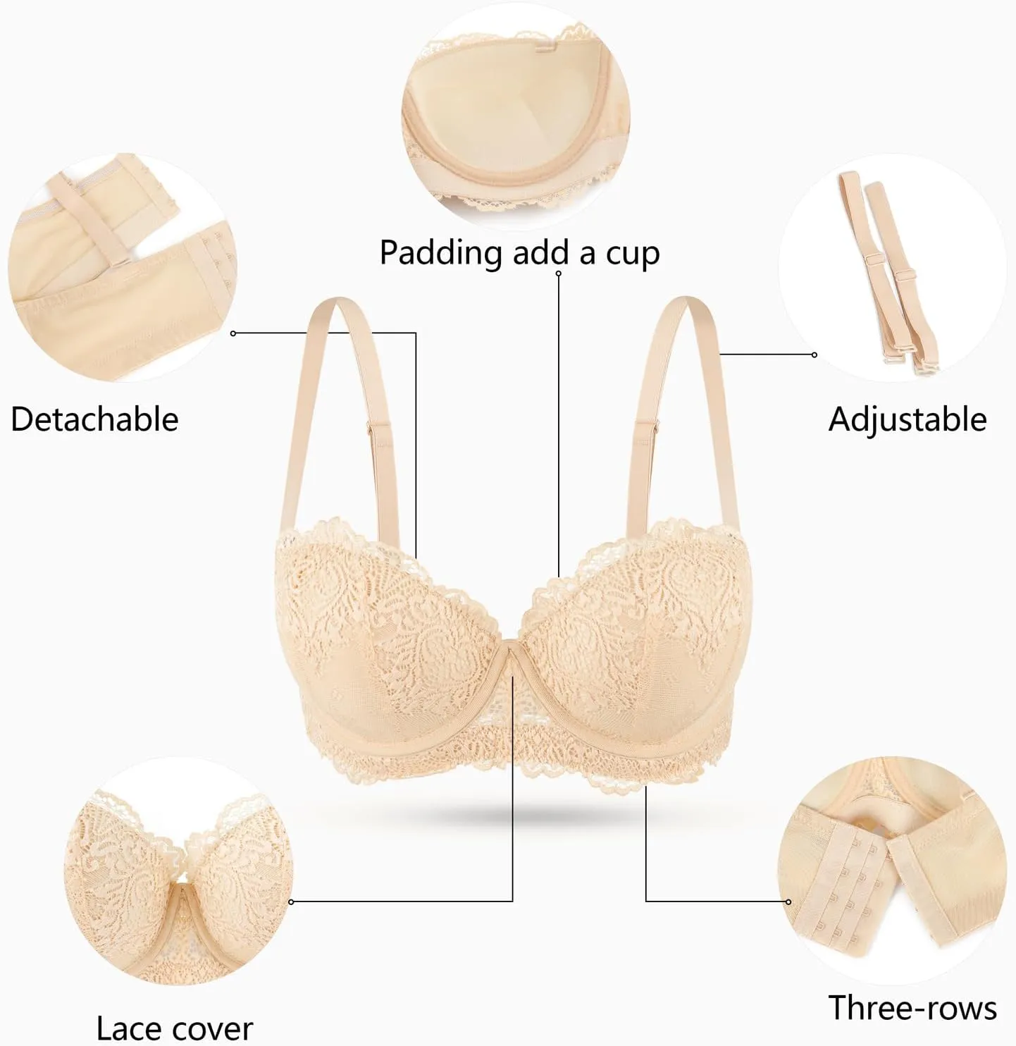 Plusexy Women's Push Up Strapless Bra Thick Padded Underwire Convertible Multiway Bras