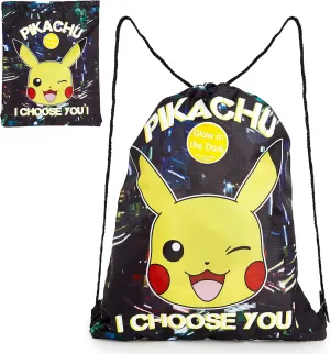 Pokemon Drawstring Bag, PE Gym Bag, Swimming and Sport Sack, Glow in the Dark Bag featuring Pikachu, Lightweight Black String Sack for Kids and Adults, Gifts