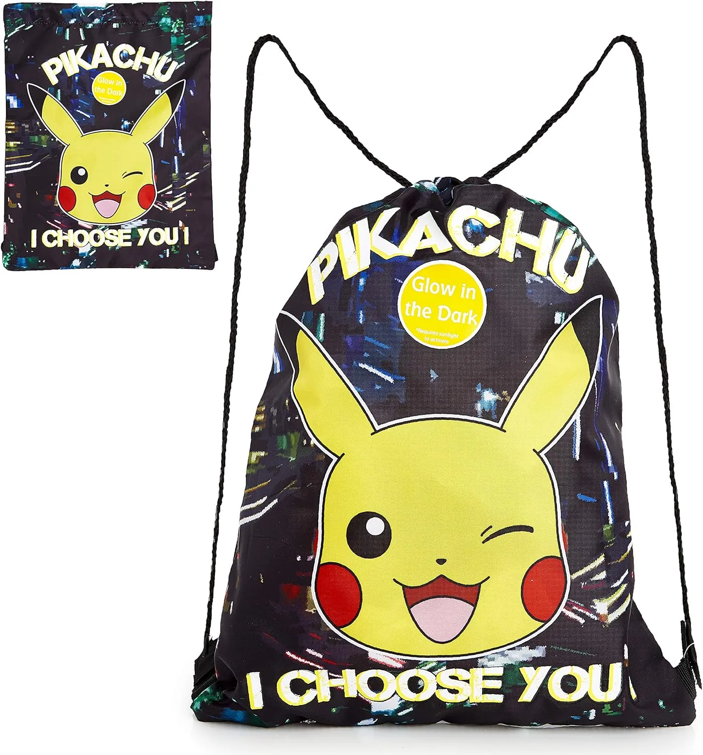 Pokemon Drawstring Bag, PE Gym Bag, Swimming and Sport Sack, Glow in the Dark Bag featuring Pikachu, Lightweight Black String Sack for Kids and Adults, Gifts
