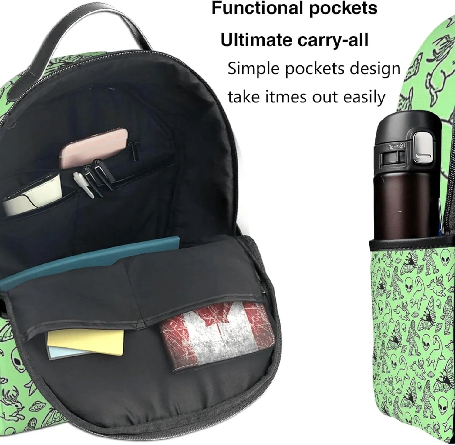 Polyester Rucksacks for Aliens Savage Dinosaurs Green Travel Hiking Backpack - Big Capacity Anti-Theft Multipurpose Carry On Bag for Wonen Men